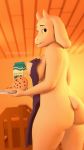  3d_(artwork) absurd_res anthro apron bovid breasts butt caprine clothing cookie digital_media_(artwork) eyelashes female food goat hi_res holding_object horn looking_back mammal milk_carton naked_apron owo_sfm plate red_eyes smile solo teeth toriel undertale video_games 