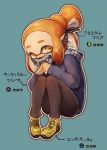  1girl bandanna blue_background female fingers_together inkling kiitos nintendo pointy_ears shoes simple_background sitting solo splatoon sweater 