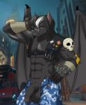  anthro balls big_balls blizzard_entertainment chiropteran clothed clothing flaccid foreskin hair hi_res long_hair male mammal muscular muscular_male overwatch pants_down partially_clothed penis ruby_the_bat skull uncut video_games wings zanzagen 
