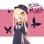 1girl abigail_williams_(fate/grand_order) animal_print bangs black_bow black_dress black_headwear blonde_hair blue_eyes blush bow butterfly_print commentary_request dated dress eyebrows_visible_through_hair fate/grand_order fate_(series) hair_bow hat highres long_hair long_sleeves looking_at_viewer oniku_(pixiv_28205308) orange_bow parted_bangs pink_background polka_dot polka_dot_bow sleeves_past_wrists smile solo translation_request two-tone_background upper_body very_long_hair white_background 