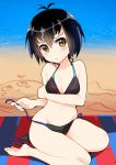  1girl beach bikini black_hair blush breast_hold breasts brown_eyes cleavage full_body highres looking_at_viewer medium_breasts nakasone_haiji peni_parker short_hair sitting solo spider-man:_into_the_spider-verse spider-man_(series) swimsuit untied untied_bikini 