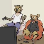 anthro avian bird clothed clothing comic controller duo female game_controller hyaenid male mammal owl spotted_hyena study_partners thunderouserections young 