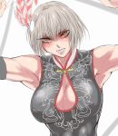  1girl angry armpits artist_request bangs bare_shoulders blush breasts chinese_clothes cleavage cleavage_cutout clenched_teeth erect_nipples eyebrows_visible_through_hair feather_hair_ornament feathers hair_ornament hands_up large_breasts looking_at_viewer lu_lingqi muscle orange_eyes shin_sangoku_musou short_hair silver_hair simple_background solo sweat sweatdrop teeth upper_body white_background 
