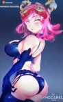 1girl ass bare_shoulders boku_no_hero_academia breasts crosshair_pupils eyebrows_visible_through_hair goggles goggles_on_head hatsume_mei headgear highres large_breasts lingerie looking_at_viewer parted_lips patreon_username pink_hair simple_background solo underwear yellow_eyes 