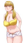  1girl bangs belly blonde_hair blue_eyes blush bra breasts cleavage curvy embarrassed eyelashes frown hands_on_hips highres huge_breasts kamisuki large_breasts long_hair looking_at_viewer low_twintails muffin_top navel open_fly original panties panty_peek plump short_shorts shorts solo tearing_up thighs twintails undersized_clothes underwear weight_conscious white_background white_shorts yellow_bra yellow_panties 