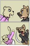 2019 angry anthro black_nose breasts brown_fur cheetah clothed clothing comic duo felid feline female fur hi_res hoodie hyaenid mammal spotted_hyena study_partners tammy_(study_partners) thunderouserections yelling yellow_fur young 