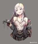  1girl belt black_gloves female_my_unit_(fire_emblem:_kakusei) fire_emblem fire_emblem:_kakusei gloves graysheartart grey_background highres long_hair long_sleeves my_unit_(fire_emblem:_kakusei) nintendo open_mouth simple_background solo twitter_username upper_body white_hair 