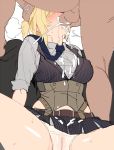  1boy 1girl blonde_hair blush breasts cameltoe commentary cum cum_in_mouth cum_on_body cum_on_breasts cum_on_clothes cum_on_upper_body girls_frontline head_grab hetero highres irrumatio leg_up medium_breasts miniskirt ndgd necktie oral overflow panties penis pinstripe_pattern short_twintails sitting skirt sleeves_folded_up striped sweat tears twintails underbust underwear welrod_mk2_(girls_frontline) white_panties 