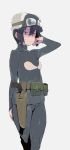  1girl adjusting_hair belt black_hair blush bra ettone goggles gun handgun hat highres holster kino kino_no_tabi pants pouch revolver short_hair sweat sweater tomboy underwear weapon 