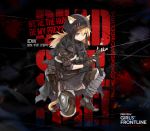  1girl alternate_costume animal_ears bangs black_cape blonde_hair blue_eyes brown_gloves bushman_idw cape cat_ears chains fingerless_gloves girls_frontline gloves gun hair_between_eyes highres holding holding_gun holding_weapon idw_(girls_frontline) long_hair looking_at_viewer official_art smile solo submachine_gun tail token torn_cape torn_clothes twintails weapon 