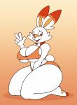  5_fingers absurd_res big_breasts big_butt black_eyes blush bra breasts butt cleavage clothed clothing digital_media_(artwork) female hi_res huge_breasts huge_butt kneeling lagomorph leporid looking_at_viewer mammal nervous nintendo open_mouth panties partially_clothed paws pok&eacute;mon pok&eacute;mon_(species) rabbit scorbunny shadow simple_background solo stunnerpony thick_thighs underwear video_games 