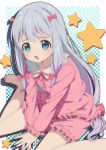  1girl barefoot between_legs blue_eyes blush bow checkered checkered_background drop_shadow eromanga_sensei fingernails frilled_sleeves frills gradient gradient_background hair_bow hand_between_legs izumi_sagiri long_hair long_sleeves looking_at_viewer low-tied_long_hair mon0351 open_mouth outside_border pajamas pink_bow pink_shirt pink_shorts shirt shorts sidelocks silver_hair sitting solo star starry_background v_arms very_long_hair wariza 
