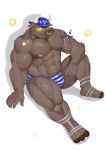  2018 abs absurd_res anthro asterios bandanna biceps bovid bovine bulge clothed clothing eyebrows eyes_closed facial_piercing footwear gohgw1 hi_res horn male mammal muscular muscular_male navel nipples nose_piercing open_mouth open_smile pecs piercing sandals skimpy smile solo swimsuit thick_thighs tokyo_afterschool_summoners video_games 