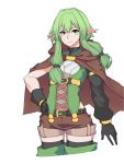  1girl belt black_belt black_bow black_gloves black_legwear bow brown_capelet brown_shorts capelet commentary elf flat_chest gloves goblin_(mim9543) goblin_slayer! green_eyes green_hair green_legwear hair_between_eyes hair_bow hair_intakes hand_on_hip high_elf_archer_(goblin_slayer!) highres long_hair looking_at_viewer mismatched_gloves pointy_ears short_shorts shorts sidelocks simple_background smile solo thighhighs white_background 
