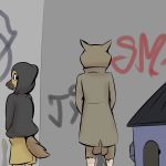  anthro avian bird clothed clothing comic duo hoodie hyaenid looking_back male mammal owl peeing spotted_hyena study_partners thunderouserections urine young 