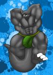 2019 4_fingers absurd_res anthro barefoot biceps blue_background blue_eyes bulge clothed clothing dragon flexing grauchen_(character) green_underwear hair hi_res hindpaw jockstrap kaze3481_(artist) male muscular muscular_male one_eye_closed paws pecs penis_outline presenting scalie simple_background smile solo spread_legs spreading sweat underwear white_hair 