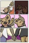  2019 anthro avian bird brown_fur clothed clothing comic duo female fur hug hyaenid male male/female mammal owl spotted_hyena study_partners thunderouserections young 