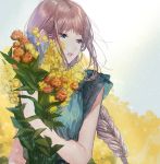 1girl bare_arms blue_shirt bouquet braid brown_eyes brown_hair cako_asida flower holding holding_bouquet looking_away mimosa_(flower) orange_flower original parted_lips pink_lips shirt short_sleeves single_braid solo upper_body yellow_flower 