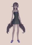  1girl arms_at_sides black_dress blue_eyes breasts brown_hair brown_wings dark_skin dress frown full_body hair_ornament hairclip highres horns looking_at_viewer original pointy_ears purple_footwear seelean small_breasts solo standing wings 