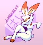  2019 3_fingers 3_toes anthro biped breasts cheek_tuft digital_media_(artwork) dipstick_ears featureless_breasts female fur hi_res japanese_text lagomorph largerest long_ears looking_at_viewer mammal multicolored_ears navel nintendo nude orange_ears pink_background pink_nose pok&eacute;mon pok&eacute;mon_(species) pose scorbunny short_tail signature simple_background sitting solo teeth text toeless_(marking) toes translated tuft video_games white_ears white_fur white_tail 