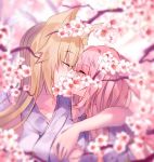  2girls animal_ear_fluff animal_ears arm_around_neck bangs bare_shoulders blonde_hair blurry blurry_background blurry_foreground blush bunny_ears collarbone commentary_request eyebrows_visible_through_hair eyes_closed facing_another flower fox_ears grey_kimono hair_between_eyes highres japanese_clothes kimono kiss long_hair multiple_girls original pink_hair profile sleeveless sleeveless_kimono tree_branch upper_body usagihime very_long_hair white_flower yuri 