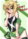  1girl akatsuki_kirika bare_shoulders black_shirt blonde_hair blush breasts cleavage collarbone green_eyes green_shorts hair_between_eyes hair_ornament happy_birthday highres hood hoodie looking_at_viewer medium_breasts off_shoulder senki_zesshou_symphogear seshiro_(which501) shiny shiny_hair shiny_skin shirt short_hair shorts solo standing tail tank_top thighhighs x_hair_ornament 