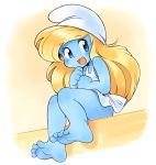  4_toes barefoot blonde_hair blue_eyes blue_skin bottomless chibi clothed clothing foot_focus hair humanoid not_furry open_mouth oyatsu phrygian_cap smile smurf smurfette soles sundress the_smurfs toes 