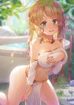  1girl aqua_eyes bare_shoulders bathtub blonde_hair blurry blush breast_hold breasts collar day depth_of_field detached_sleeves ear_piercing elf faucet grass kibanda_gohan large_breasts leaning_forward leg_up loincloth long_hair long_sleeves looking_at_viewer navel original outdoors parted_lips pelvic_curtain piercing pointy_ears rock see-through sidelocks solo stomach sunlight thighs water water_drop wet 