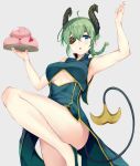  1girl ahoge alternate_costume arm_up armpits bare_arms bare_legs bare_shoulders braid breasts chestnut_mouth china_dress chinese_clothes commentary_request cowboy_shot demon_girl demon_horns demon_tail dress eyepatch flats floating_hair green_dress green_eyes green_footwear green_hair grey_background hand_up highres holding holding_tray honey_strap horns irohasu knee_up long_hair looking_at_viewer medium_breasts parted_lips pelvic_curtain pointy_ears sekishiro_mico sidelocks simple_background single_braid sleeveless sleeveless_dress solo standing standing_on_one_leg tail thighs tray underboob underboob_cutout virtual_youtuber 