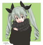  1girl :d anchovy bangs black_ribbon black_scarf black_sweater casual commentary dated drill_hair eyebrows_visible_through_hair fringe_trim girls_und_panzer green_background green_hair hair_ribbon head_tilt long_hair long_sleeves looking_at_viewer mutsu_(layergreen) open_mouth outside_border plaid plaid_scarf red_eyes ribbon scarf smile solo sweater twin_drills twintails twitter_username upper_body 