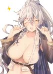  1girl areola_slip areolae blush braid breasts cleavage embarrassed eyebrows_visible_through_hair face fingers_to_cheeks granblue_fantasy hair_between_eyes jacket koza_game large_breasts long_hair looking_at_viewer no_bra one_eye_closed open_mouth silva_(granblue_fantasy) silver_hair smile solo twin_braids upper_body yellow_eyes 