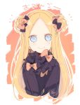  1girl abigail_williams_(fate/grand_order) absurdres alternate_hairstyle bangs black_bow black_dress blonde_hair blue_eyes blush bow closed_mouth cropped_torso double_bun dress fate/grand_order fate_(series) forehead hair_bow highres long_hair long_sleeves looking_at_viewer no_hat no_headwear orange_background orange_bow parted_bangs polka_dot polka_dot_bow side_bun signature smile sofra solo translation_request two-tone_background upper_body v_arms very_long_hair white_background 