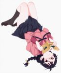  1girl bangs black_hair black_legwear book braid closed_mouth glasses hair_ornament hairclip hanekawa_tsubasa highres holding holding_book kneehighs long_hair long_sleeves lying monogatari_(series) ojipon on_back open_book pleated_skirt purple_eyes skirt solo white_background 