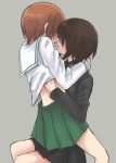  2girls blouse brown_hair girls_und_panzer green_skirt grey_background hair_over_eyes hug imminent_kiss incest insignia kuromorimine_school_uniform lifted_by_another long_sleeves miniskirt multiple_girls mutsu_(layergreen) nishizumi_maho nishizumi_miho ooarai_school_uniform pleated_skirt school_uniform serafuku shirt_lift short_hair siblings simple_background sisters sitting sitting_on_lap sitting_on_person skirt straddling sweat white_blouse yuri 