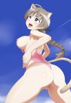  1girl ahoge animal_ears ass blue_eyes blush braid braided_ponytail breasts brown_hair cameltoe cat_ears cat_tail erect_nipples highres large_breasts looking_back lynette_bishop pink_swimsuit ponytail solo strike_witches swimsuit swimwear tail world_witches_series 