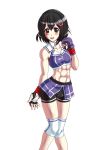  1girl abs adapted_costume bike_shorts black_hair brown_eyes eyebrows_visible_through_hair fingerless_gloves gloves haguro_(kantai_collection) hair_ornament kantai_collection looking_at_viewer midriff mma_gloves navel rigid rigidsteed short_hair shorts simple_background sports_bra 