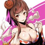  1girl breasts brown_eyes brown_hair cleavage fingernails highres japanese_clothes large_breasts off_shoulder parted_lips pipe smoke smoking tom_(drpow) yuugiri_(zombie_land_saga) zombie_land_saga 