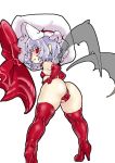  1girl ass bat_wings bikini blush boots breasts cameltoe closed_mouth elbow_gloves eyebrows_visible_through_hair from_behind full_body gloves hat high_heel_boots high_heels leaning_forward looking_at_viewer mersoleil03 pointy_ears purple_hair red_bikini red_eyes red_gloves remilia_scarlet simple_background small_breasts solo standing swimsuit thigh_boots thighhighs touhou white_background wings 
