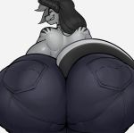  2019 anthro bedroom_eyes big_breasts big_butt black_hair breasts butt clothed clothing digital_media_(artwork) dragon female fur grey_fur grin hair half-closed_eyes horn huge_butt jeans krekk0v long_hair looking_at_viewer pants presenting presenting_hindquarters rear_view scalie seductive simple_background smile solo stripes tail_aside thick_thighs topless white_background wingless_dragon 