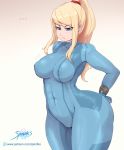  1girl blonde_hair blue_eyes blush bodysuit breasts cameltoe curvy erect_nipples large_breasts long_hair metroid nintendo parted_lips ponytail samus_aran skin_tight solo spindles thick_thighs thighs wide_hips zero_suit 