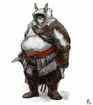  anthro aokmaidu assassin&#039;s_creed belly big_belly clothed clothing costume fur grey_fur holding_object holding_weapon hood knife lagomorph leporid male mammal obese obese_male overweight overweight_male rabbit simple_background solo standing video_games weapon white_background 