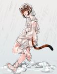  1girl :o animal_ear_fluff animal_ears boots brown_eyes brown_hair cat_ears cat_girl cat_tail commentary eiji_(eiji) english_commentary eyebrows_visible_through_hair fang feet full_body hands_in_pockets hood hood_up looking_at_viewer naked_raincoat personification rain raincoat real_life see-through short_hair soles solo standing standing_on_one_leg tail toes water_drop 