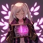  1girl black_gloves bone closed_mouth commentary_request eyebrows_visible_through_hair eyes_closed female_my_unit_(fire_emblem:_kakusei) fire_emblem fire_emblem:_kakusei fire_emblem_heroes gimurei gloves hair_between_eyes heart holding hood hood_down hooded_robe long_hair my_unit_(fire_emblem:_kakusei) nintendo open_clothes pikapika_hoppe ribs robe solo twintails white_hair x-ray 