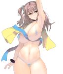  1girl areolae arm_up armpits bangs bikini breasts brown_hair closed_mouth collar cowboy_shot cuffs eyebrows_visible_through_hair hair_between_eyes highres huge_breasts long_hair looking_at_viewer masao micro_bikini mole mole_on_arm original ribbon solo standing swimsuit white_background 