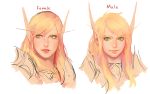  1boy 1girl androgynous blonde_hair elf green_eyes long_hair pointy_ears smile warcraft world_of_warcraft 