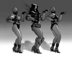  1boy 2others ass bare_legs beyonce_(copyright) boots commentary dancing english_commentary greyscale hand_on_hip high_heel_boots high_heels knee_boots legs_together leotard maren_marmulla monochrome multiple_others overwatch parody pose reaper_(overwatch) skull_mask soldier stiletto_heels what 