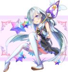  1girl black_skirt blue_eyes boots brynhildr_(fate) brynhildr_romantia fate/grand_order fate/kaleid_liner_prisma_illya fate/prototype fate/prototype:_fragments_of_blue_and_silver fate_(series) frills full_body gloves holding holding_wand long_hair magical_girl mizurapi parody pink_background sailor_collar saint_quartz silver_hair skirt smile solo thigh_boots thighhighs wand white_footwear white_gloves white_sailor_collar 