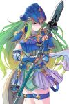  1girl armor belt blue_armor blue_eyes breastplate detached_sleeves fire_emblem fire_emblem:_souen_no_kiseki gloves green_eyes green_hair helmet ippers long_hair nephenee nintendo polearm skirt solo spear thighhighs weapon 