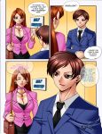  1boy 1girl breasts brown_hair cleavage collette_(daveyboysmith) comic daveyboysmith earrings eyes_closed jadenkaiba jewelry large_breasts long_hair necklace open_mouth original text_focus tie 