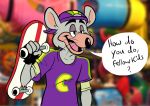  charles_entertainment_cheese chuck_e._cheese&#039;s_pizzeria clothing dialogue english_text mammal mascot meme rodent shirt skateboard text wiirdo 